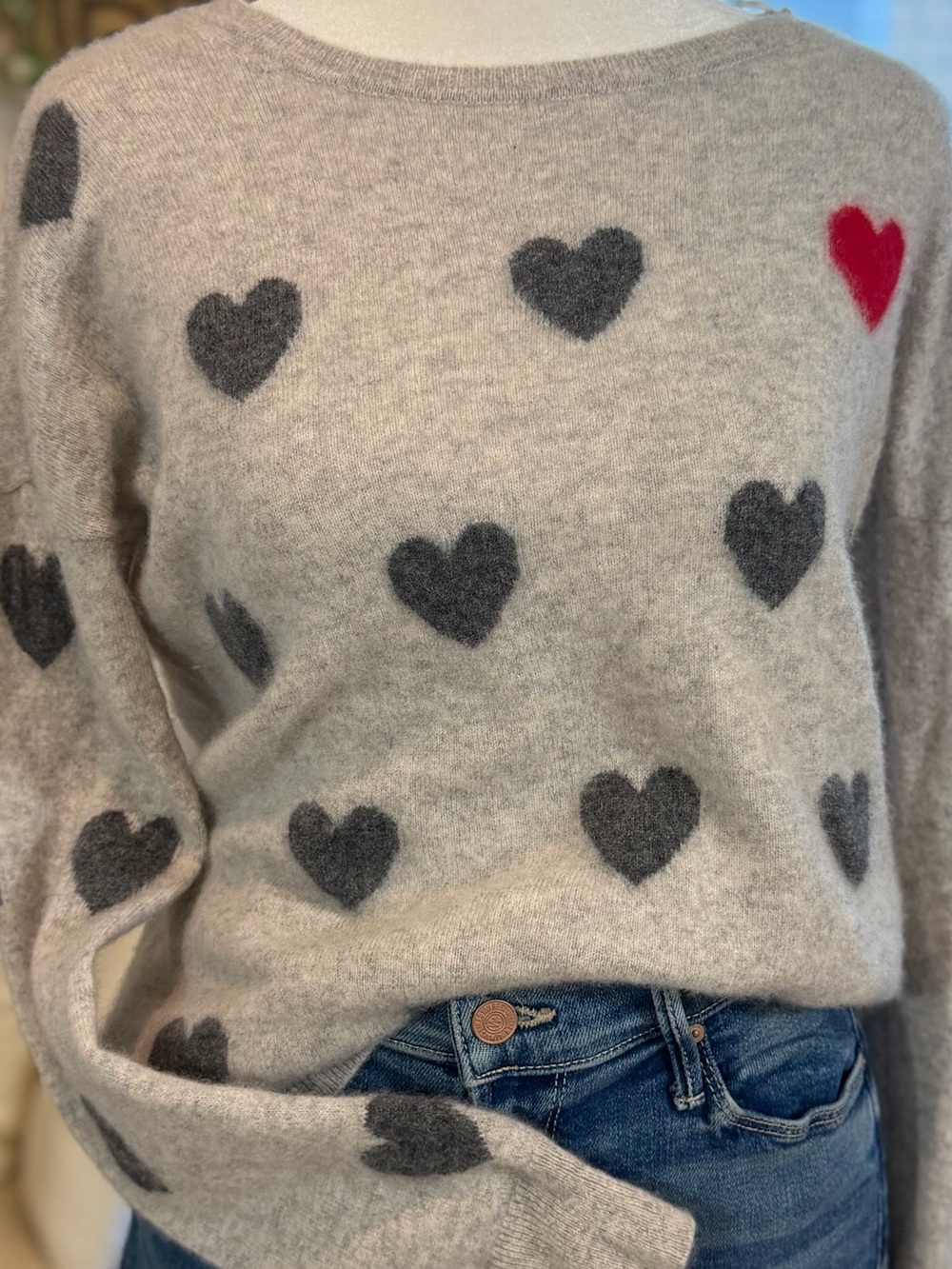 Christian Siriano 100% Cashmere Sweater S Gray Heart Print 2 Ply Crewneck - Picture 2 of 10